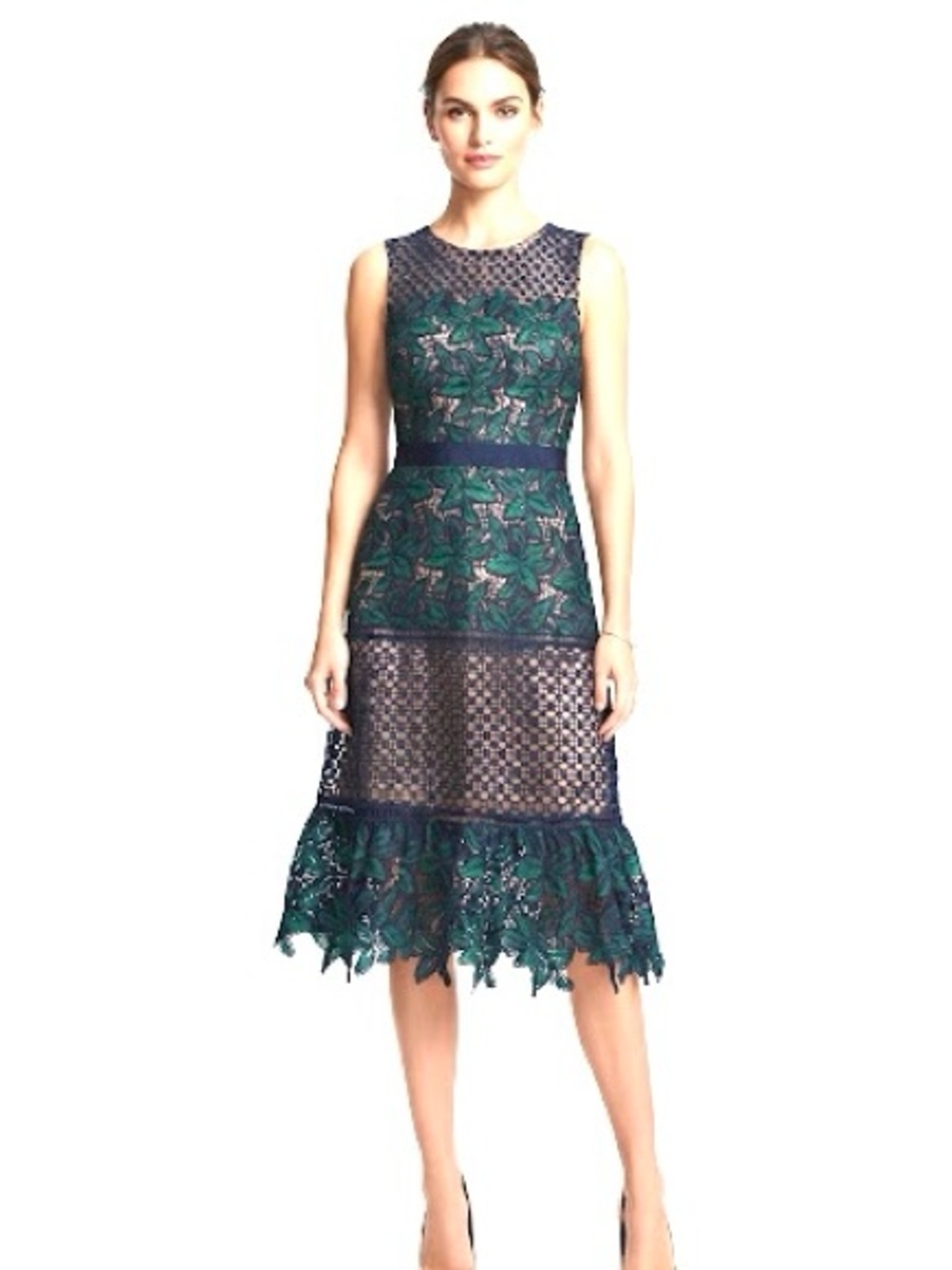 Badgley Mischka Navy and Emerald Lace Midi Dress